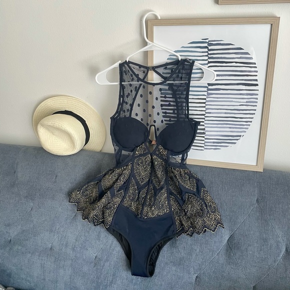 Gold Embroidered Tulle One-piece Swimsuit - Picture 7 of 15